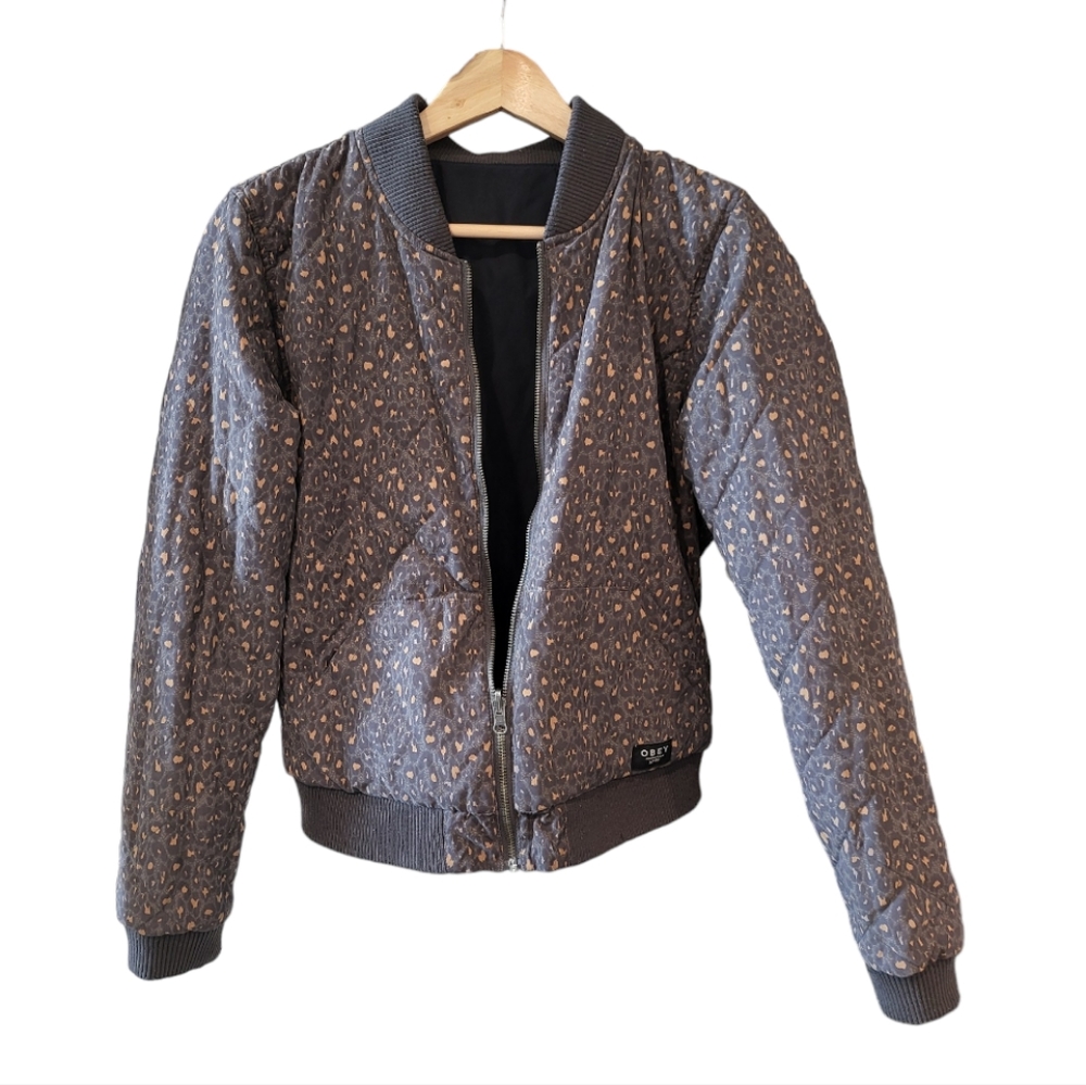 Obey reversible bomber jacket leapord print chest logo - Picture 2 of 8